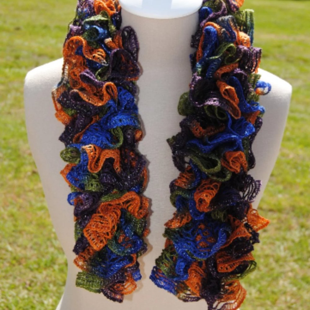 Crochet Blue and Orange Ruffle Scarf/New